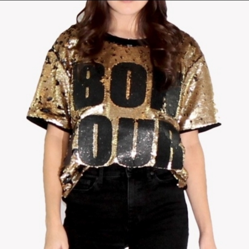 Sequin Gold and Black Bonjour French Top - Picture 1 of 5